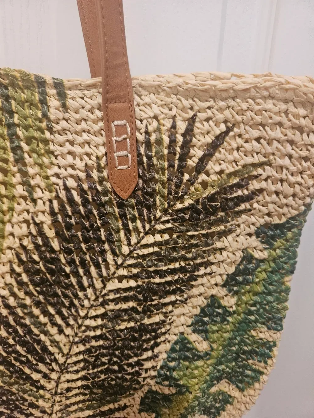 Macy's Woven Straw Tote with Green & Black Leaf Print and Brown Straps